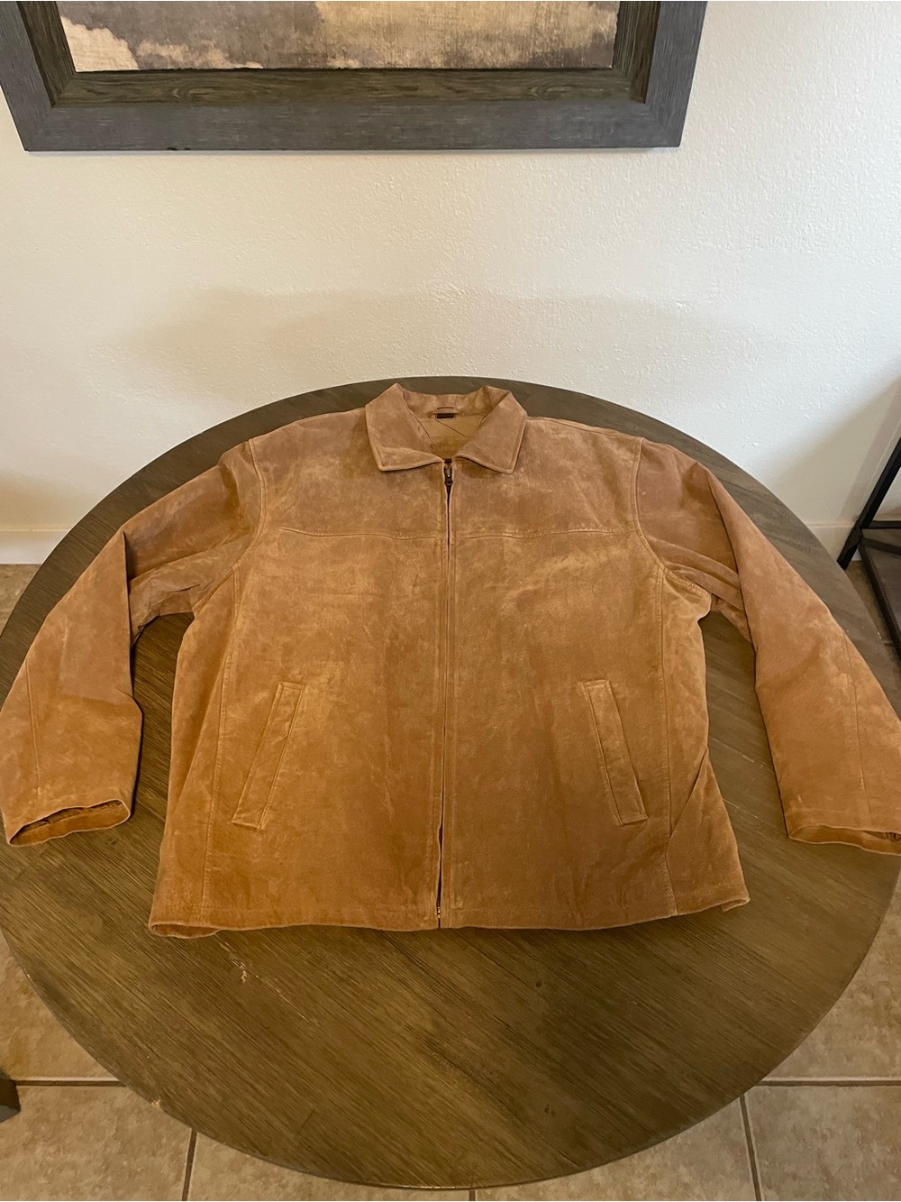 St John Bay suede jacket, light brown boxy fit.